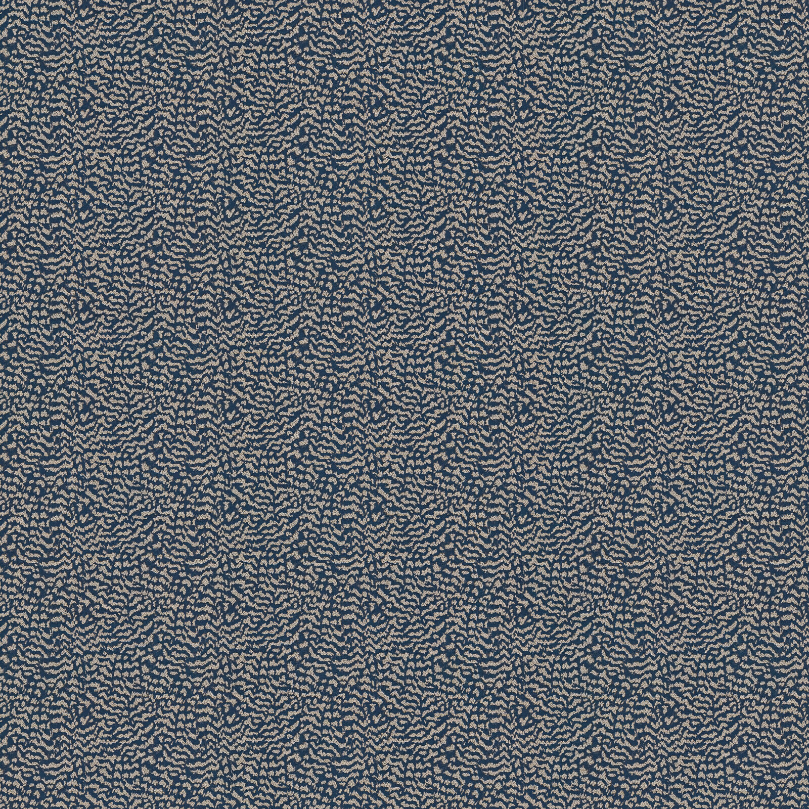 Deep blue patterned drapery fabric with small pale conversational markings