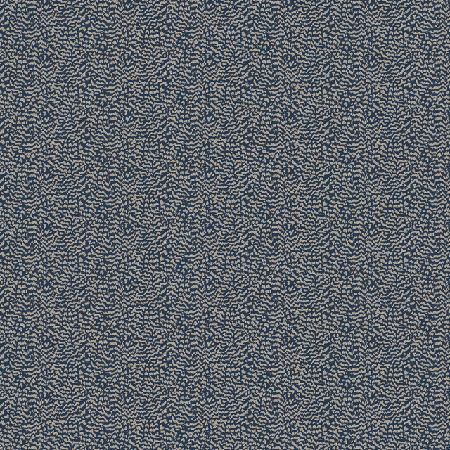 Deep blue patterned drapery fabric with small pale conversational markings
