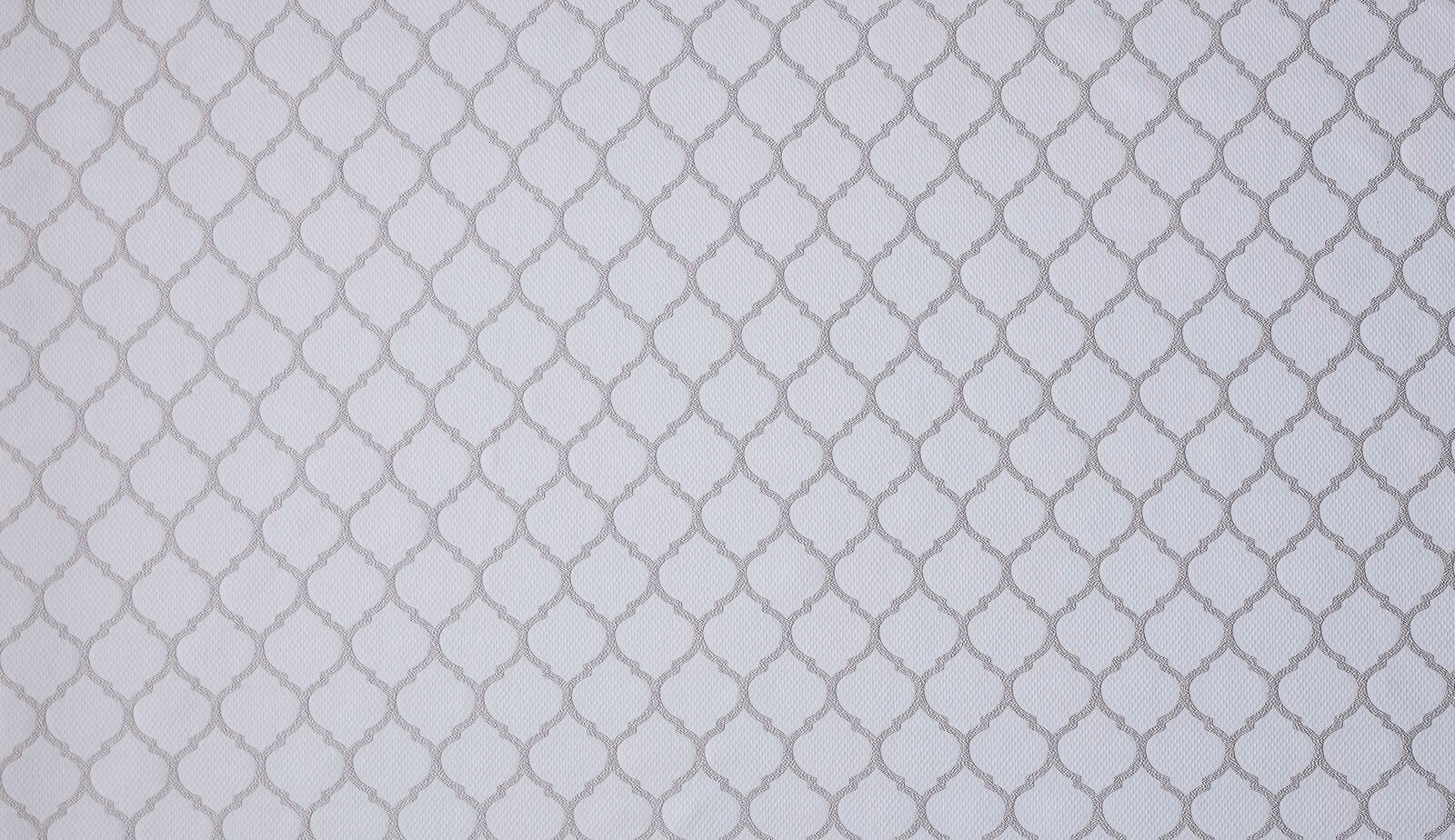 Soft platinum grey woven fabric with a small linked geometric lattice pattern