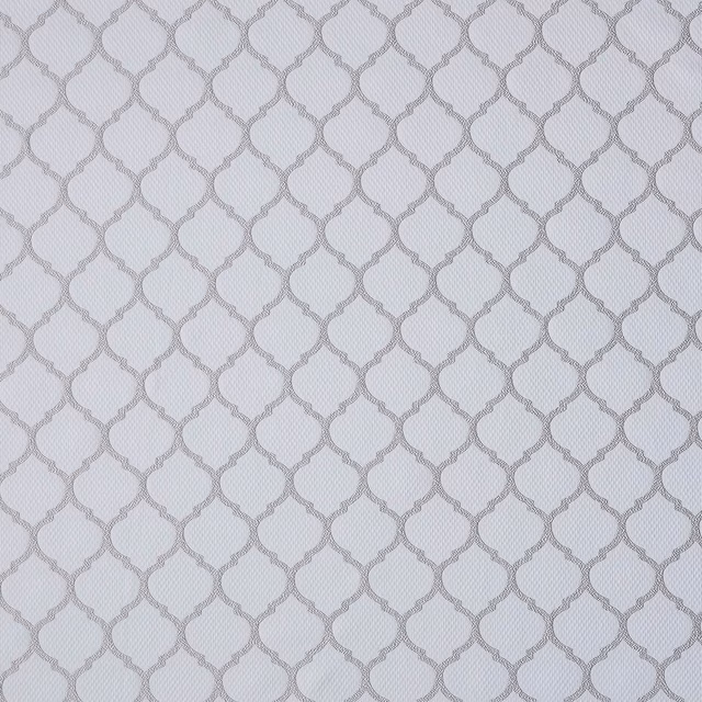 Soft platinum grey woven fabric with a small linked geometric lattice pattern