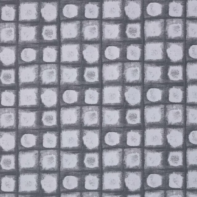 Grey geometric check fabric swatch with chalky white squares and dark grid lines