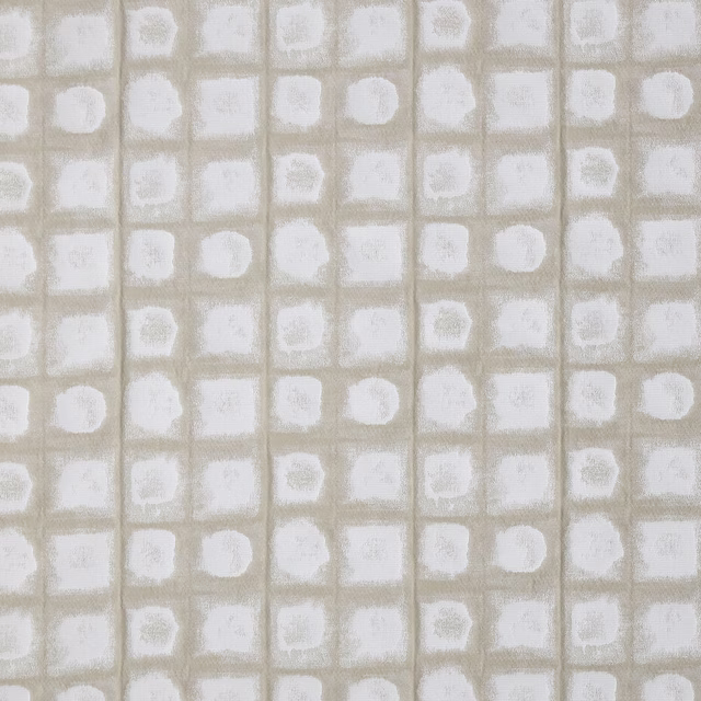 Pale oyster cream woven fabric with a soft small-scale square grid pattern
