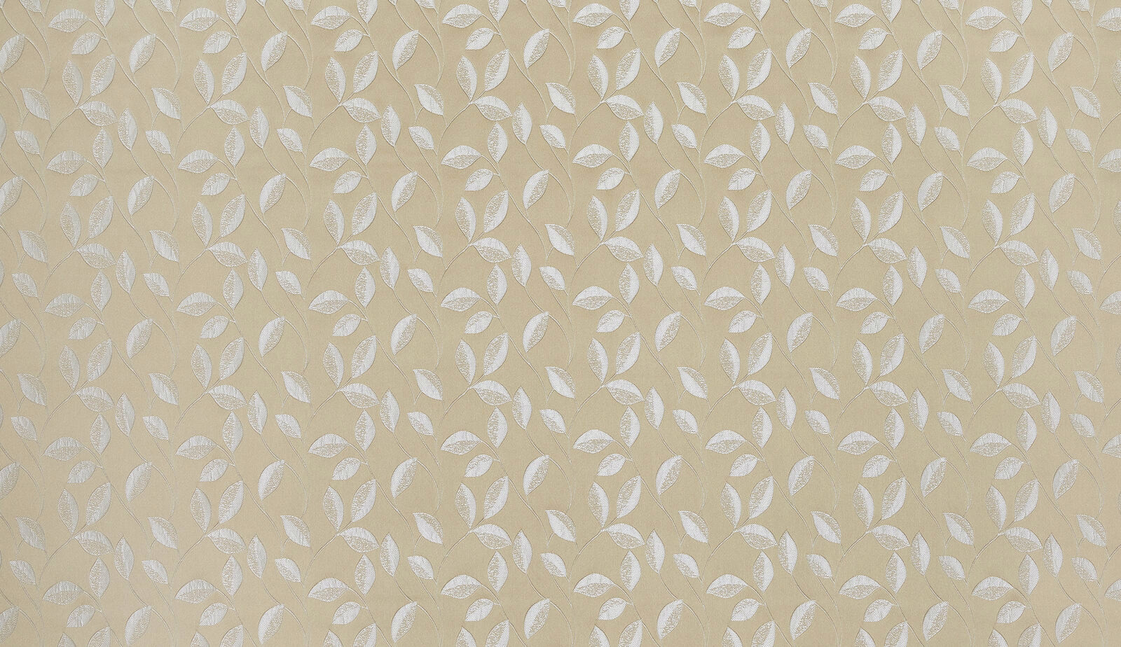 Soft gold fabric swatch with small pale leaf motif and gentle sheen