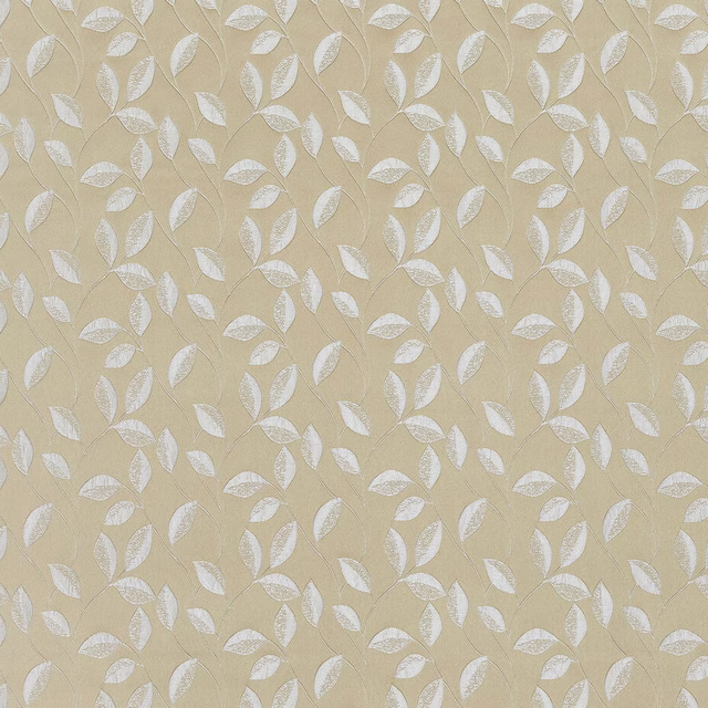 Soft gold fabric swatch with small pale leaf motif and gentle sheen