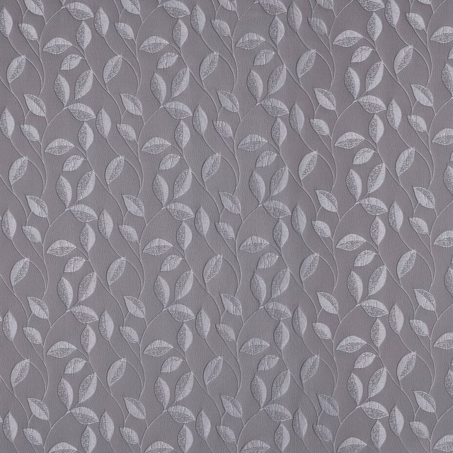 Graphite grey botanical fabric with small leaf motif and subtle sheen