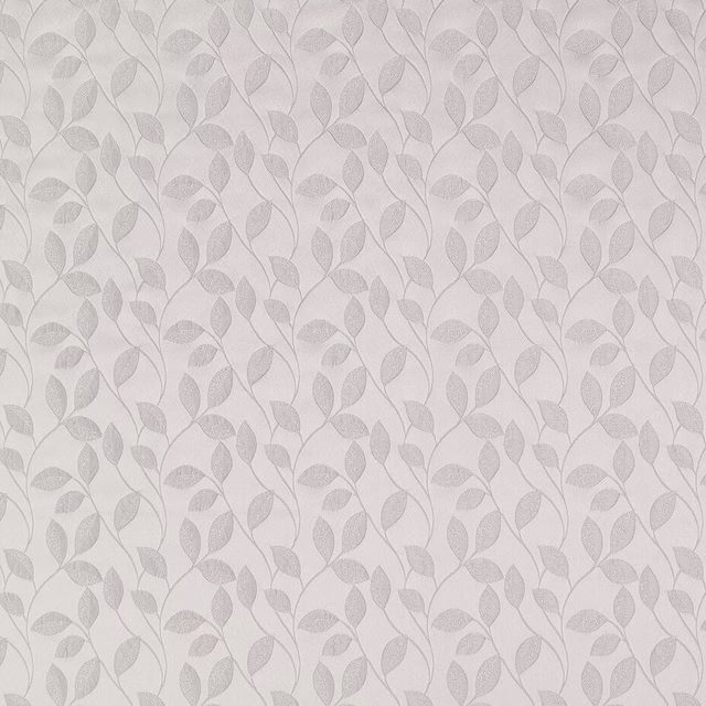 Pale platinum grey leaf trail fabric with a small botanical repeat