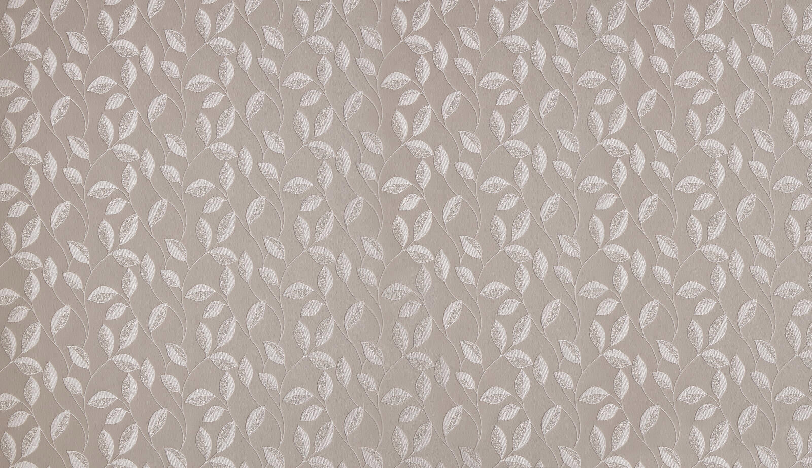 Soft taupe curtain fabric with small pale leaf trail pattern