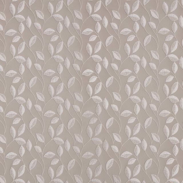 Soft taupe curtain fabric with small pale leaf trail pattern