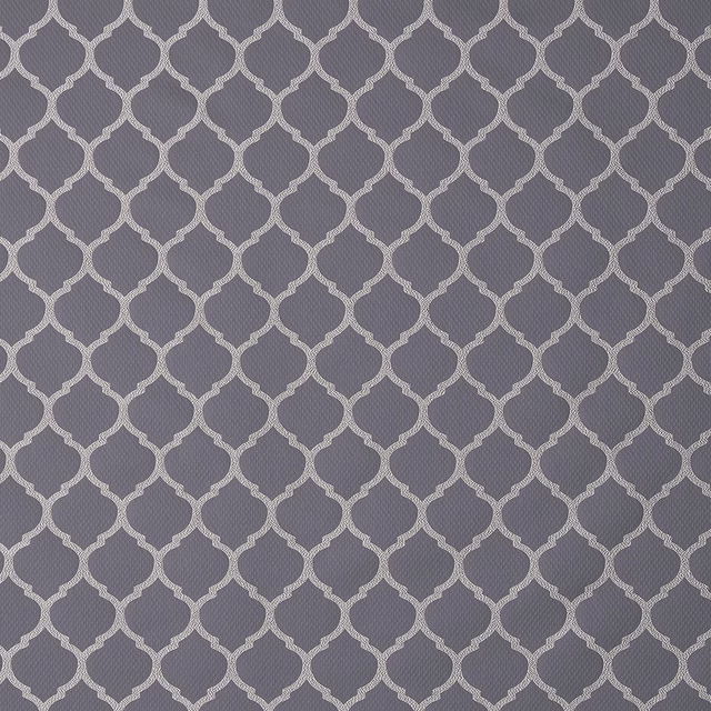 Close-up of grey geometric lattice fabric with pale contrast motif