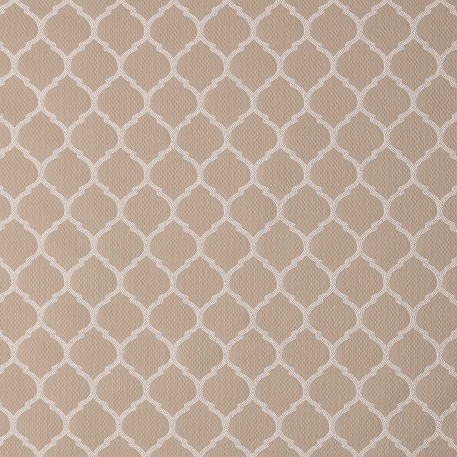 Warm beige geometric lattice fabric swatch with cream outlines