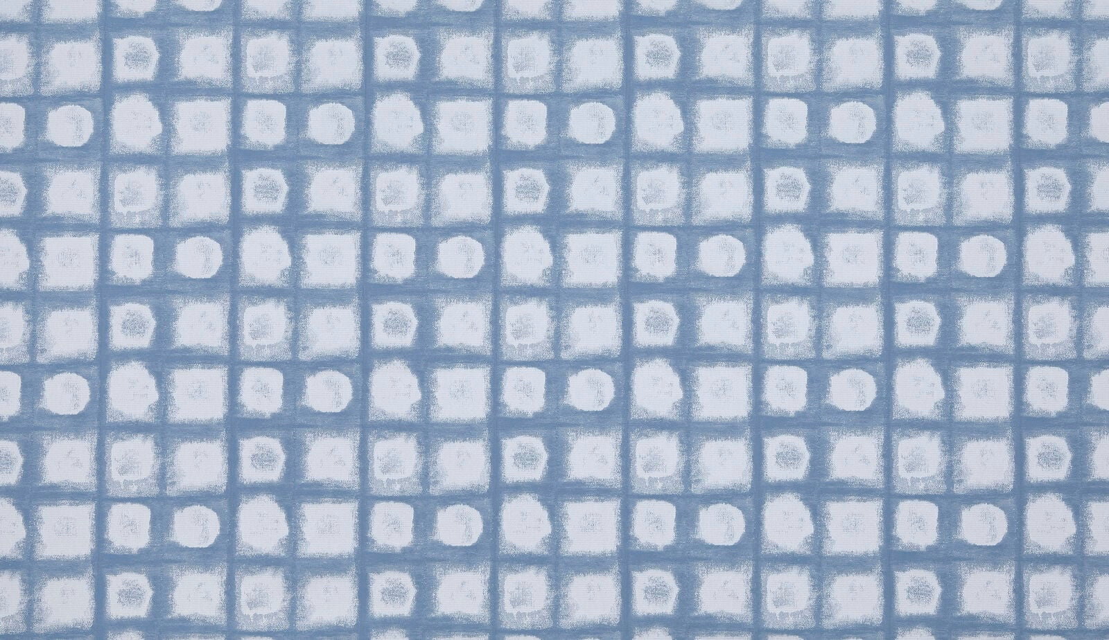 Soft denim-blue checked fabric with chalky ivory squares and a matte woven texture