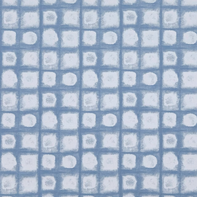 Soft denim-blue checked fabric with chalky ivory squares and a matte woven texture