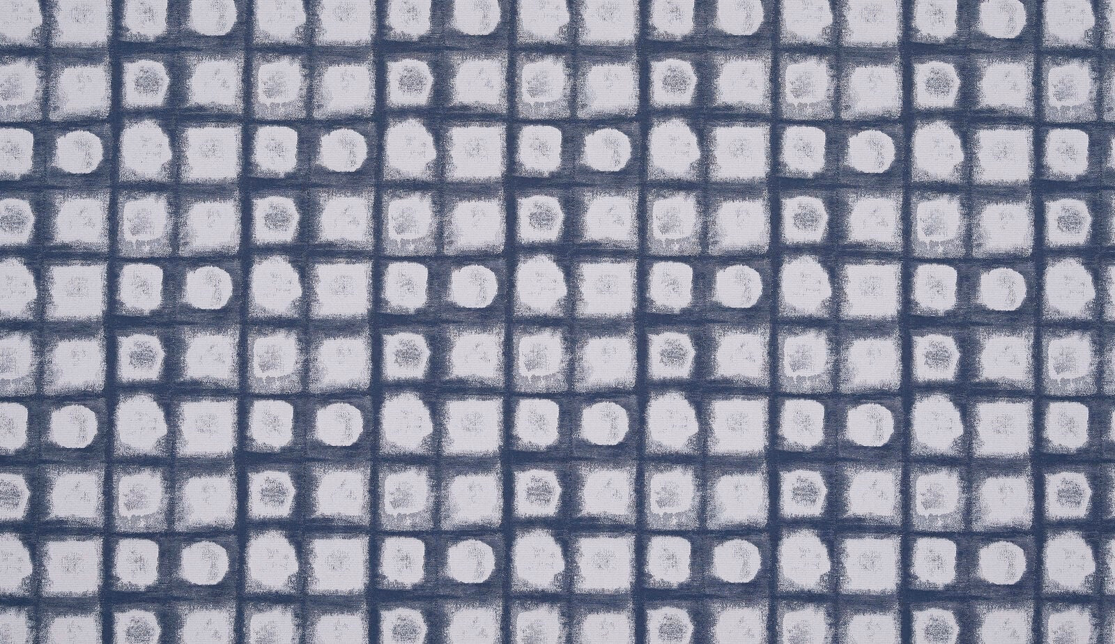 Small indigo geometric grid fabric with soft pale squares and dots