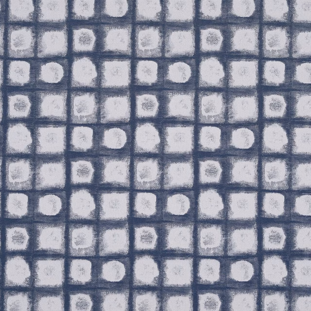 Small indigo geometric grid fabric with soft pale squares and dots