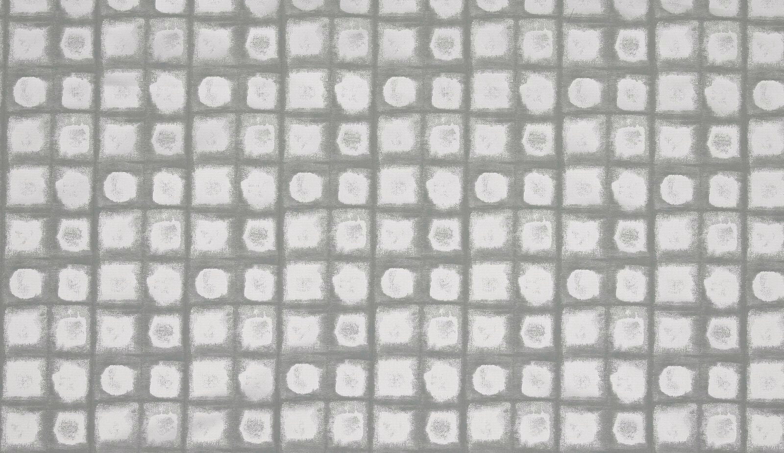 Small grey-green geometric grid with chalky white square motifs on a pale ground