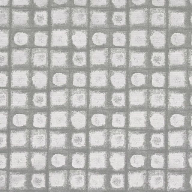 Small grey-green geometric grid with chalky white square motifs on a pale ground