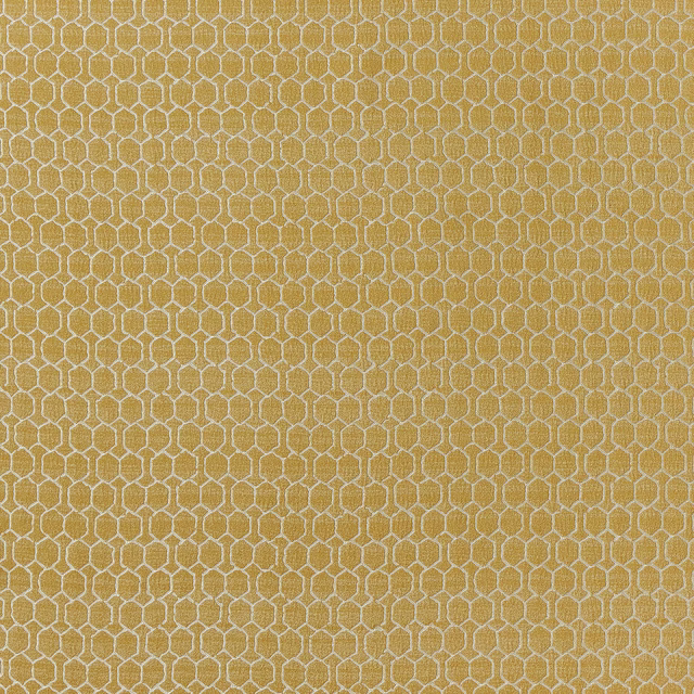 Warm sunflower-gold geometric woven fabric with a fine honeycomb lattice
