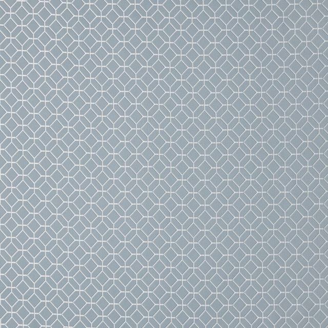 Pale sky-blue fabric with a fine white geometric lattice weave