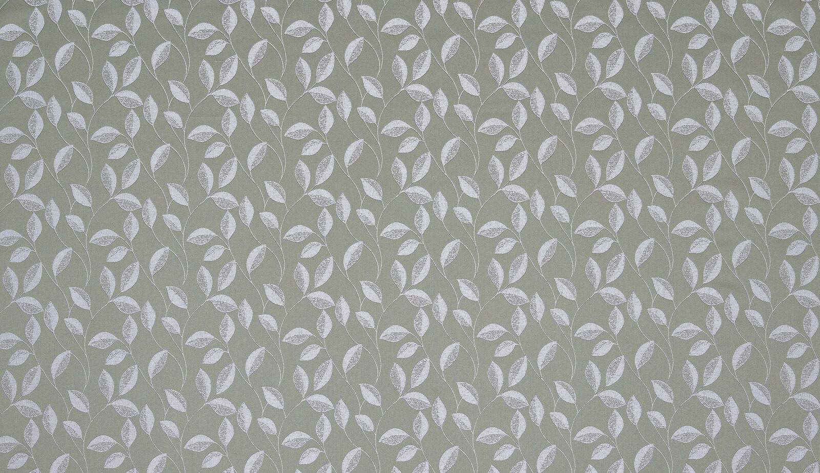 Soft sage green botanical drapery fabric with small white leaf trail pattern