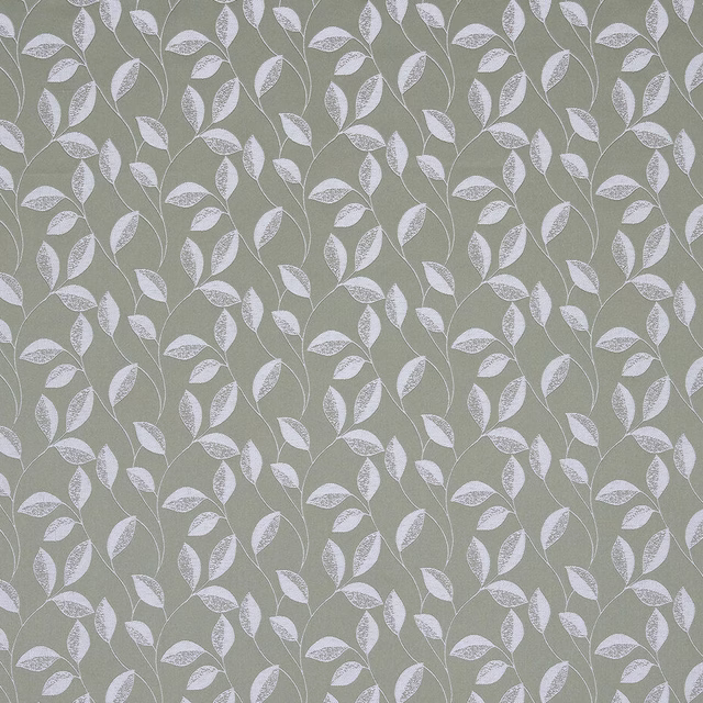 Soft sage green botanical drapery fabric with small white leaf trail pattern