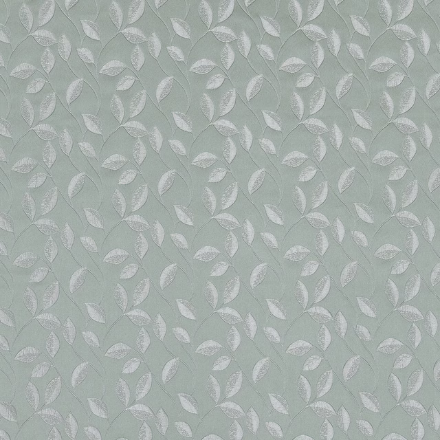 Soft seafoam green fabric with small repeating leaf motif and subtle woven texture