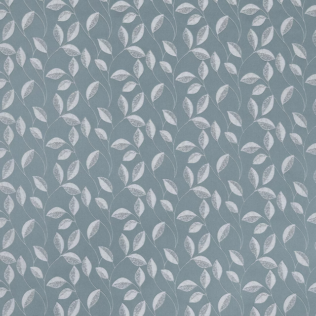 Soft sky-blue fabric with small pale leaf motifs and a fine woven texture