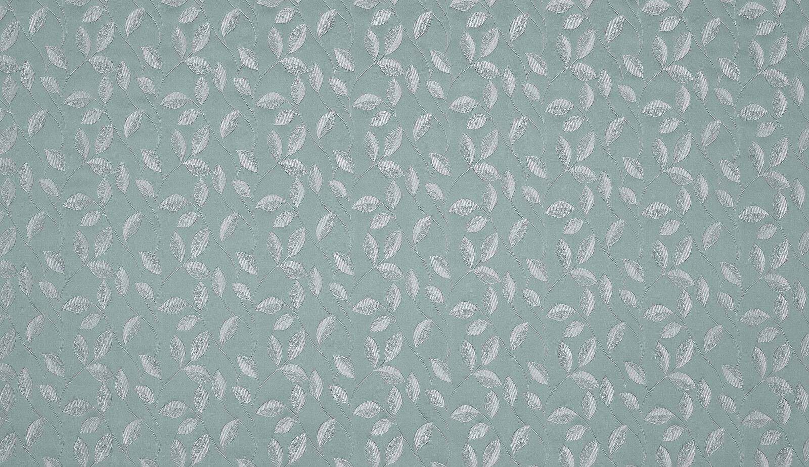 Soft spa teal woven fabric with pale leaf trail botanical motif