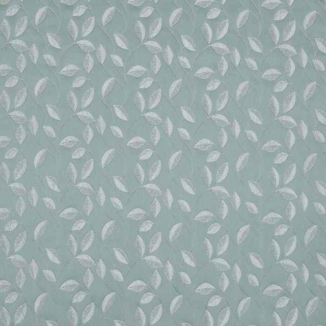 Soft spa teal woven fabric with pale leaf trail botanical motif