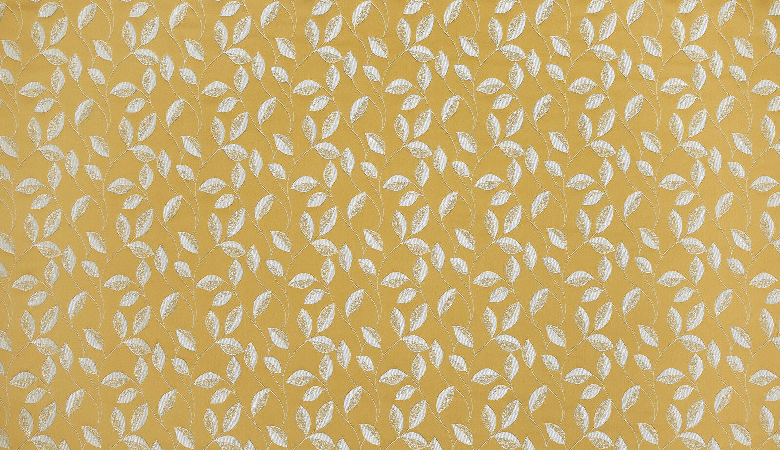 Sunflower gold fabric with small white leaf trail on a woven ground
