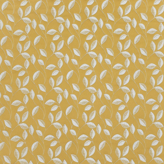 Sunflower gold fabric with small white leaf trail on a woven ground