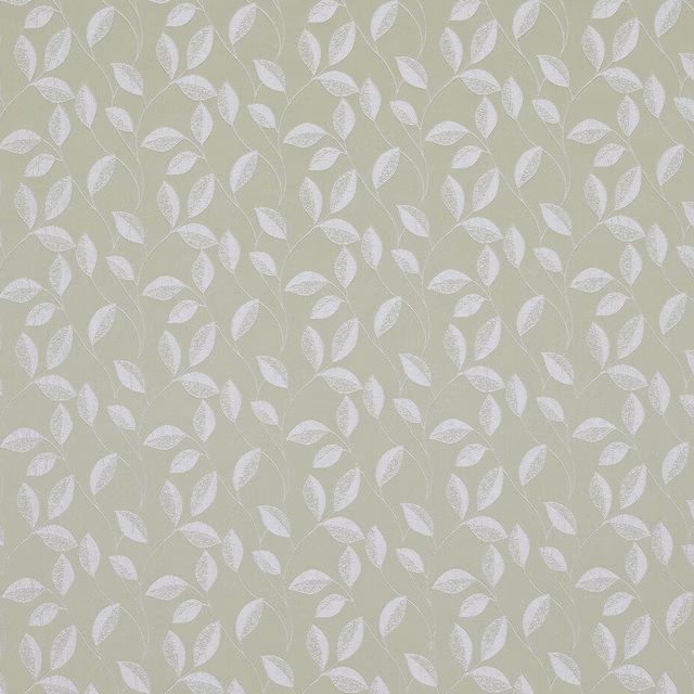 Soft willow green botanical fabric with small pale leaf motifs