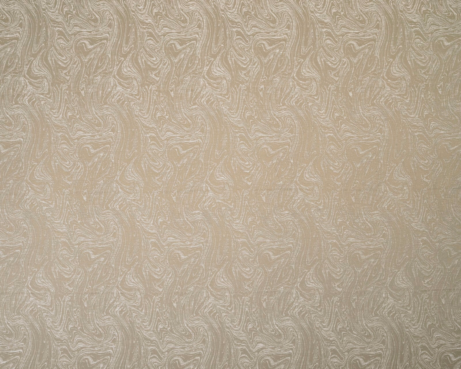 Warm caramel beige textured drapery fabric with subtle marbled swirls and soft sheen