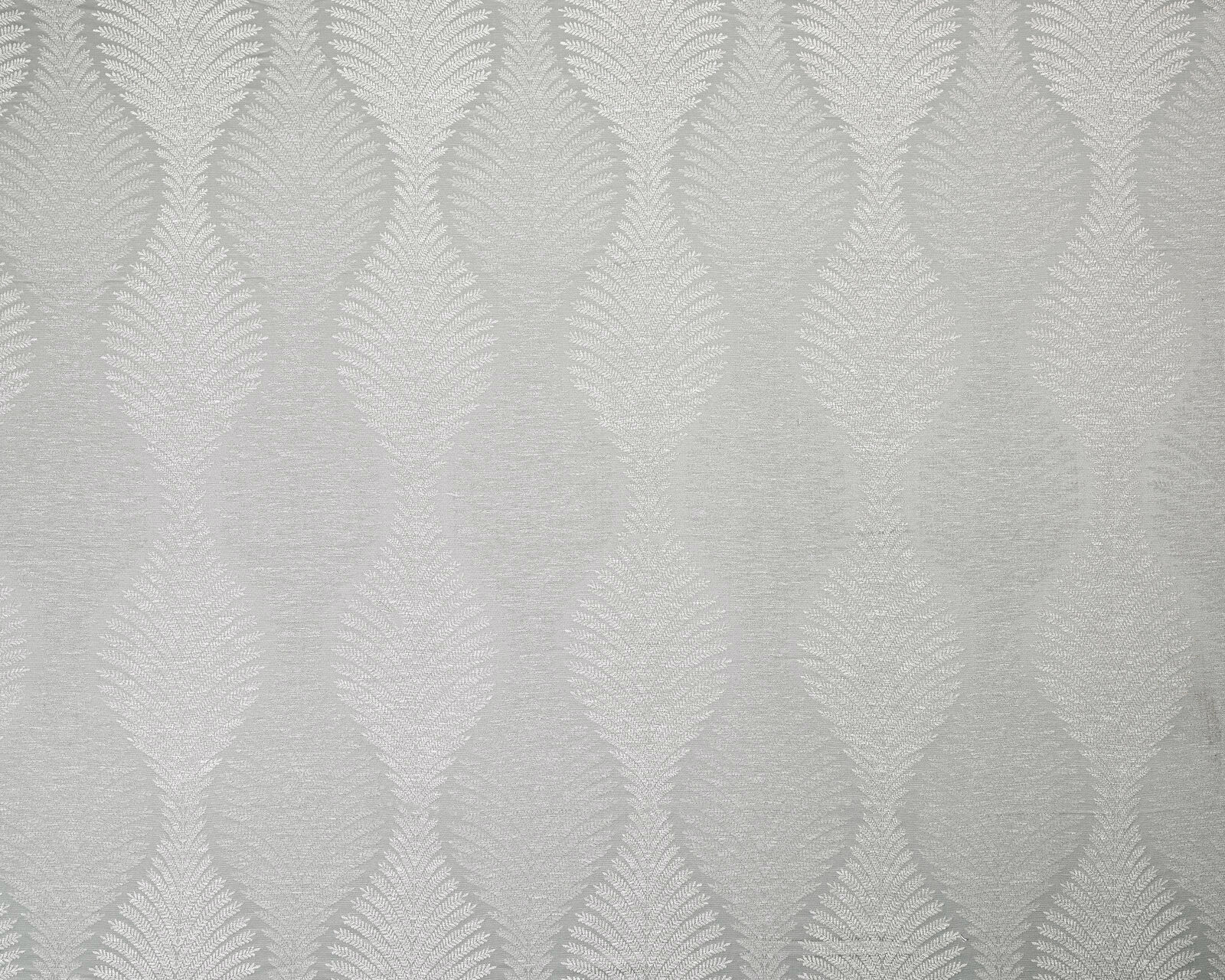 Pale silver-grey damask fabric with elongated feathered leaf motifs and a soft sheen