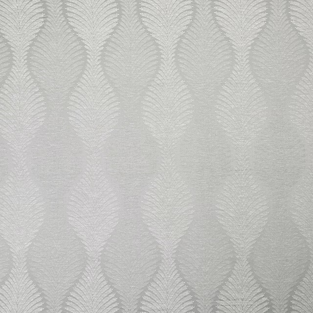 Pale silver-grey damask fabric with elongated feathered leaf motifs and a soft sheen