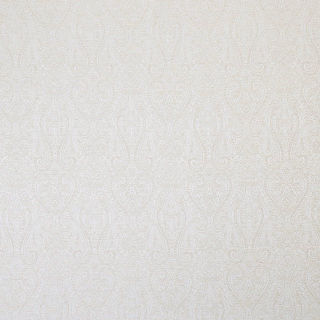 Pale champagne damask fabric with tonal ivory paisley motifs and a soft woven sheen