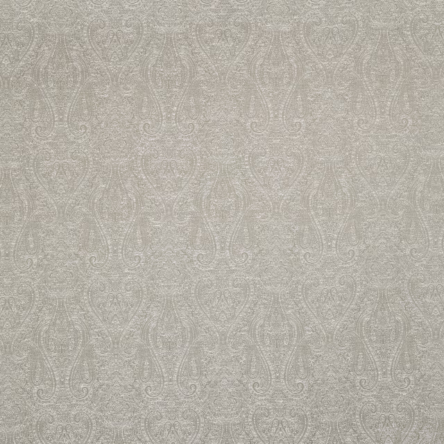 Pale latte beige damask fabric with subtle woven scroll and medallion pattern