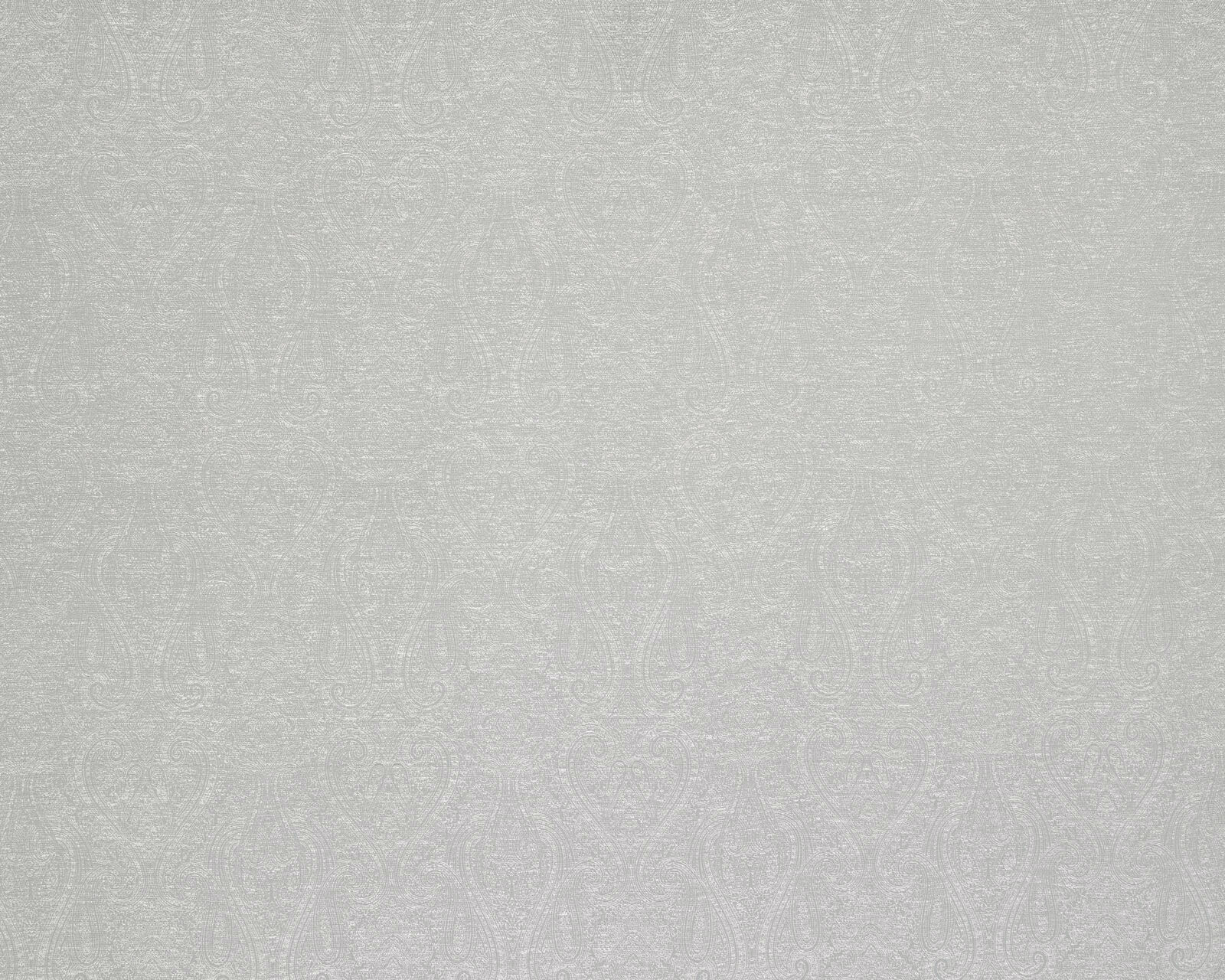 Pale silver damask weave with subtle scrolling motif and soft sheen