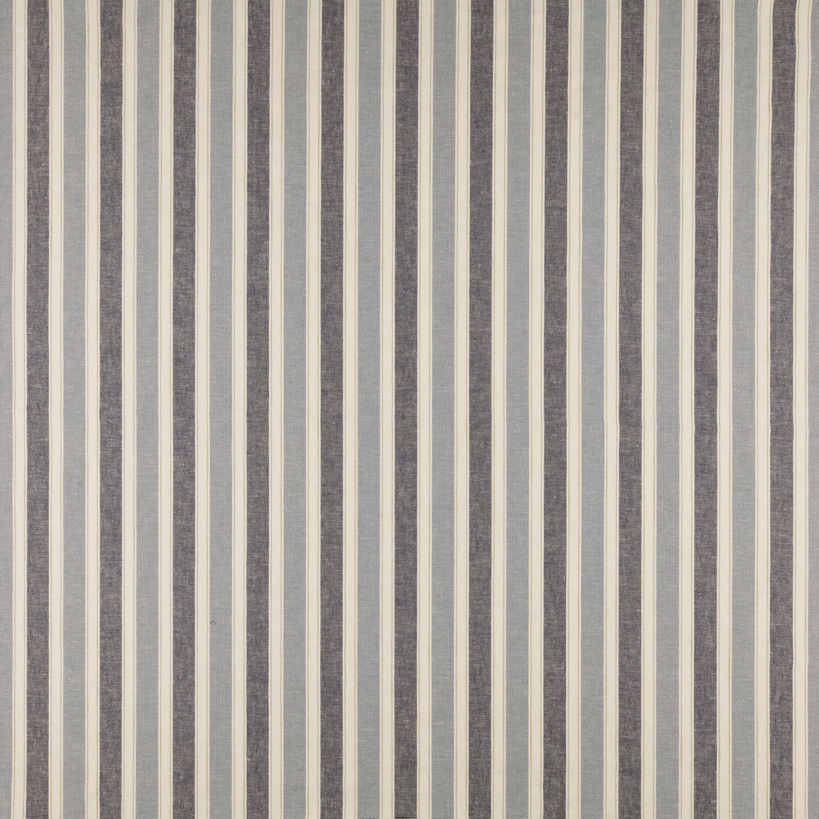 Vertical denim blue and ivory striped woven fabric with a muted textured ground