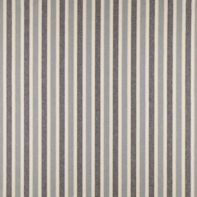 Vertical denim blue and ivory striped woven fabric with a muted textured ground