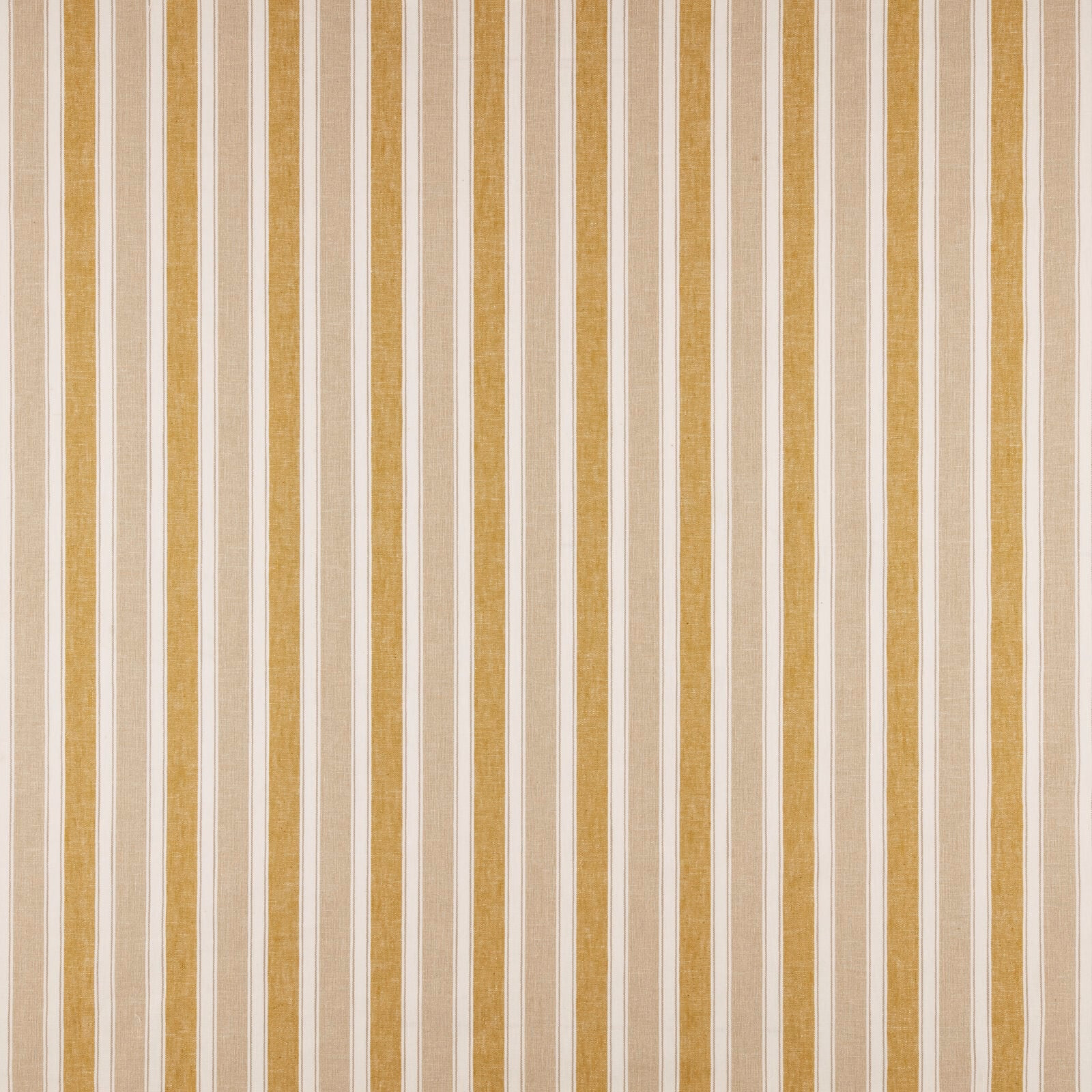 Vertical warm gold and ivory striped woven fabric with a dry textured surface