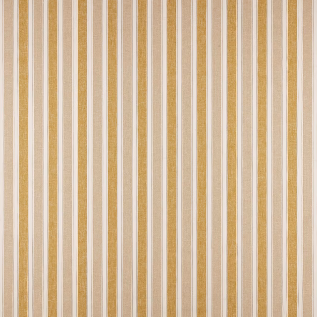 Vertical warm gold and ivory striped woven fabric with a dry textured surface