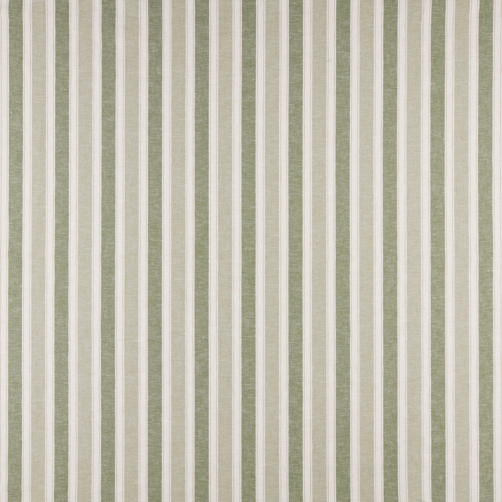 Soft sage green vertical stripe fabric with narrow ivory bands and woven texture