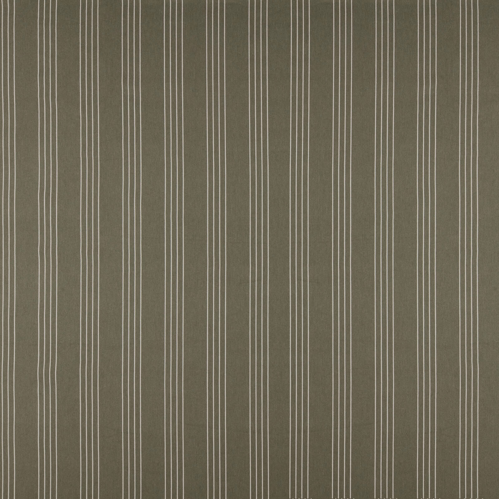 Muted olive green striped fabric with fine ivory pinstripes and matte texture