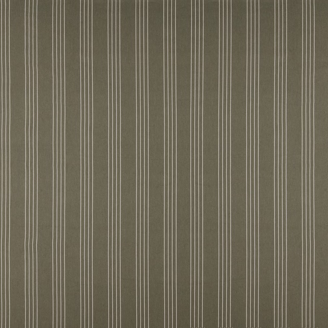Muted olive green striped fabric with fine ivory pinstripes and matte texture