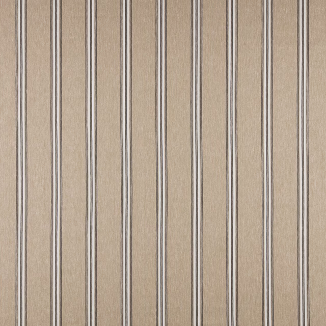 Warm fawn beige striped fabric with narrow vertical lines and fine woven texture