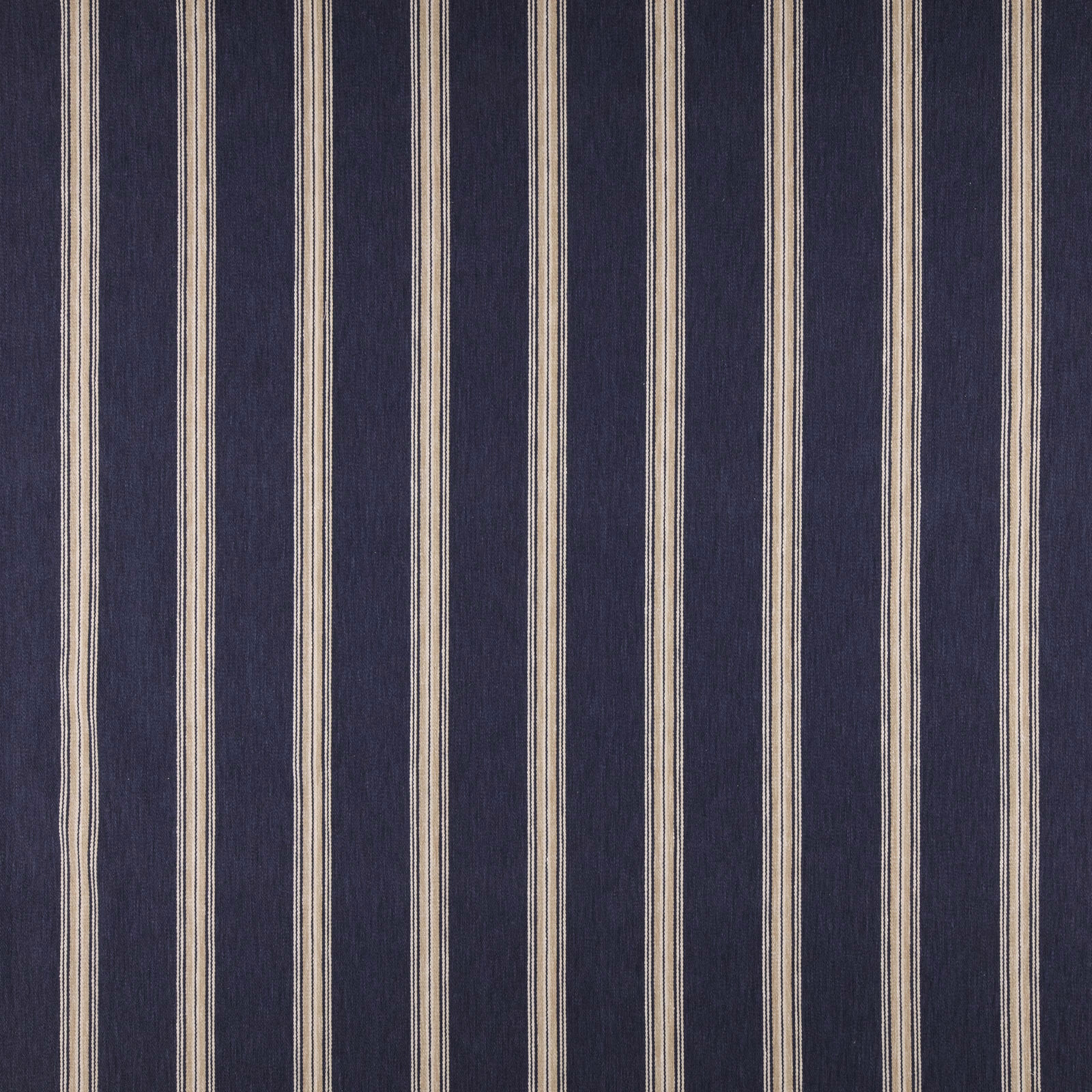 Navy indigo striped fabric with narrow cream vertical bands and woven texture