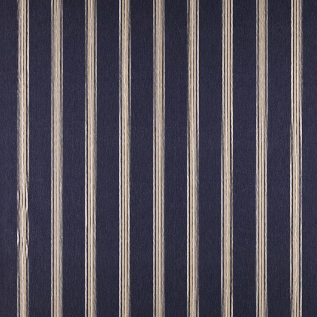 Navy indigo striped fabric with narrow cream vertical bands and woven texture