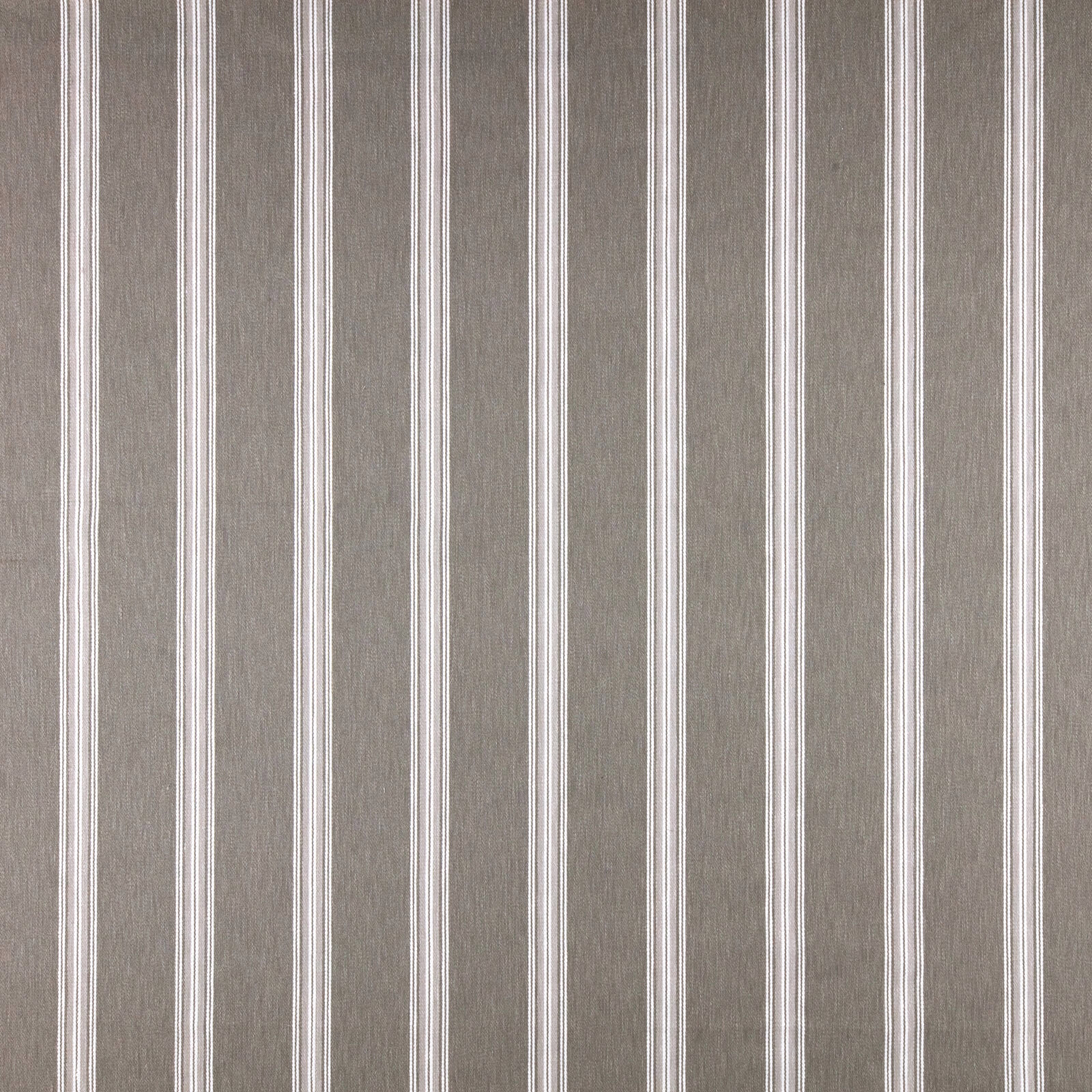Vertical taupe stripe fabric with narrow ivory lines on a textured woven ground