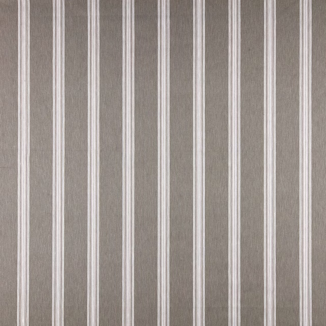 Vertical taupe stripe fabric with narrow ivory lines on a textured woven ground