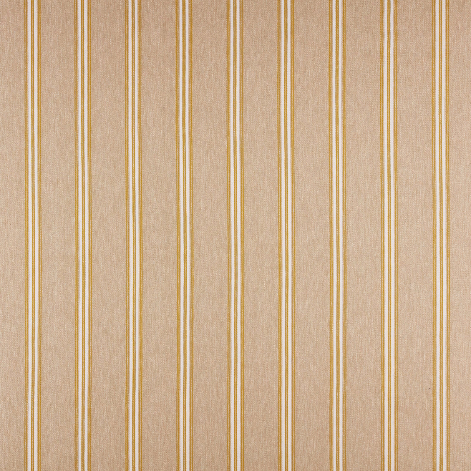 Vertical narrow gold stripes on a pale beige woven fabric swatch
